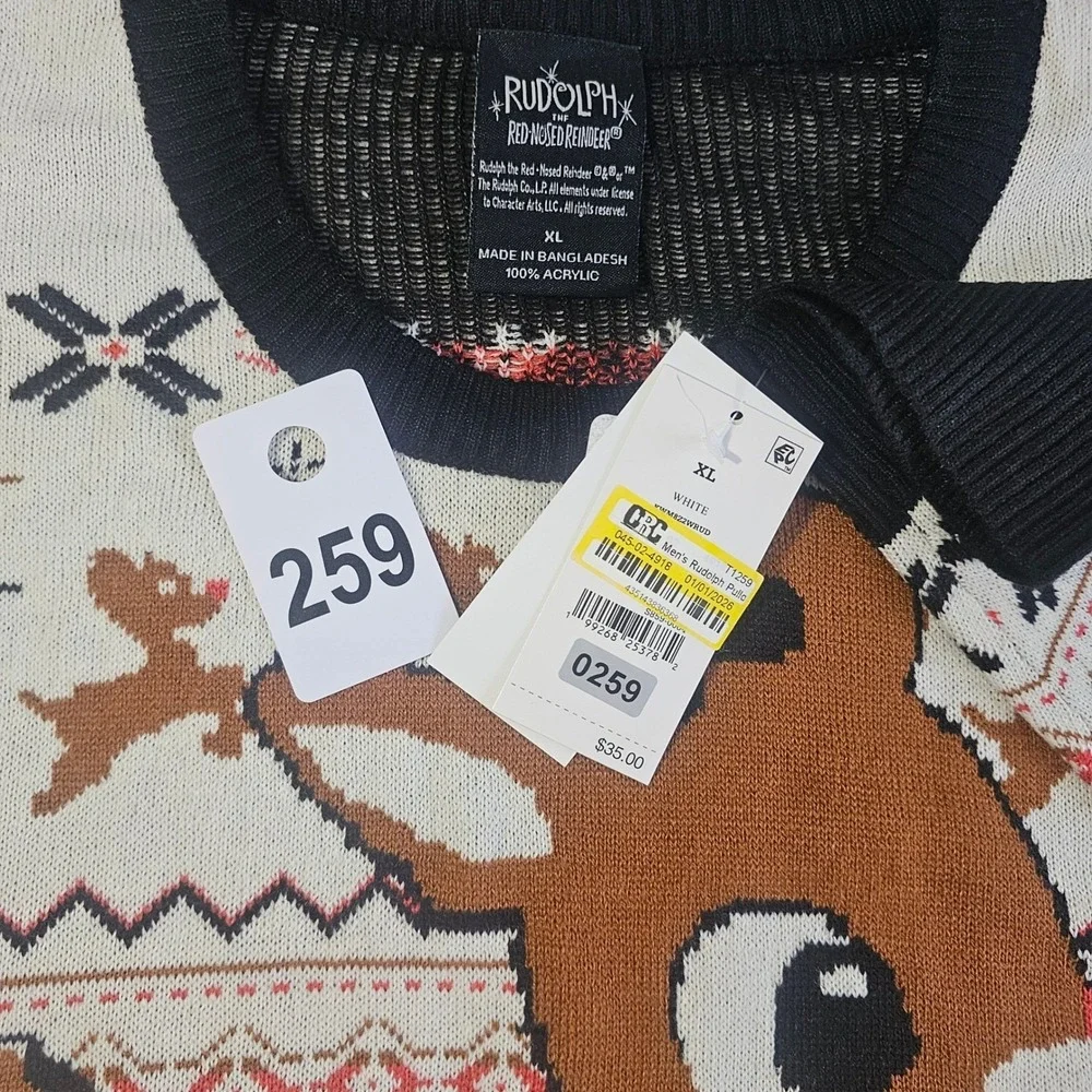 Rudolph the Red-Nosed Reindeer Mens XL‎ Sweater Fair Isle White